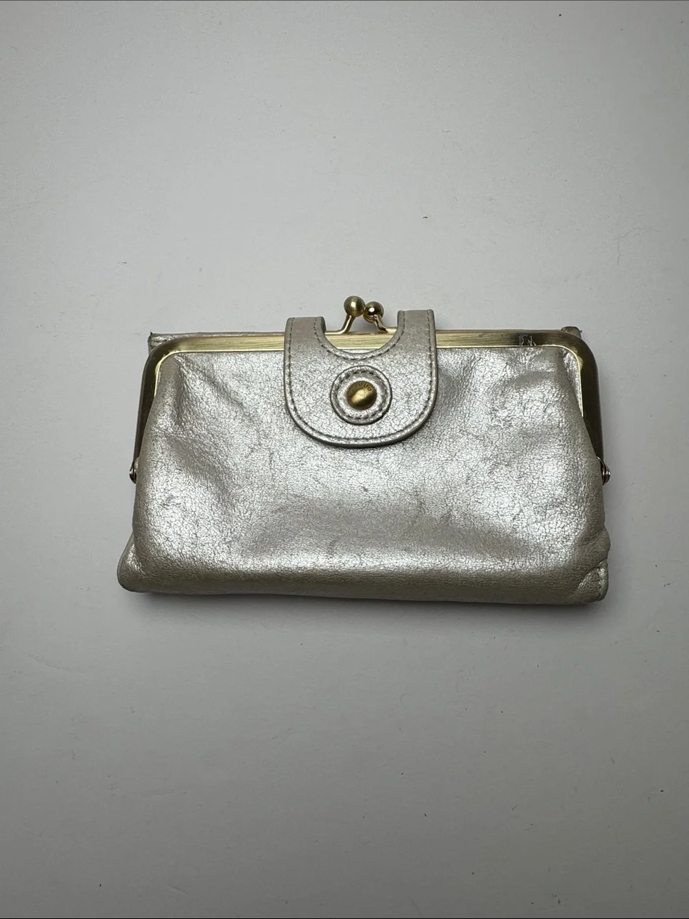 HOBO International The Original Metallic Silver Leather Kiss Lock Clutch Wallet